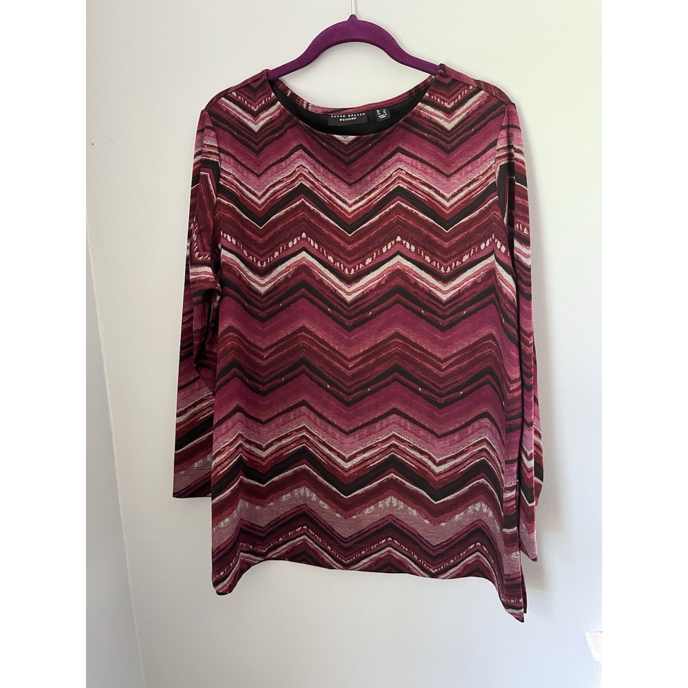Susan Graver Weekend Women's Top Multicolor Chevron Long Sleeve Size L Stretch